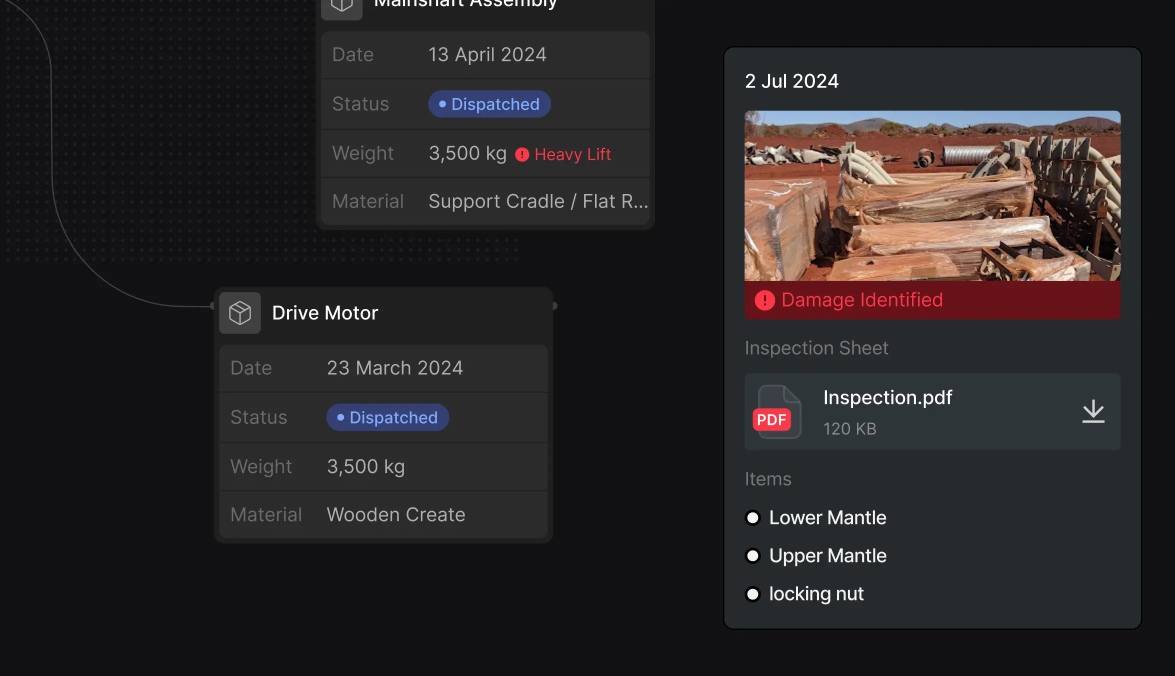 Dashboard showing dispatch status, dates and weights, with a damage report and inspection PDF attached.